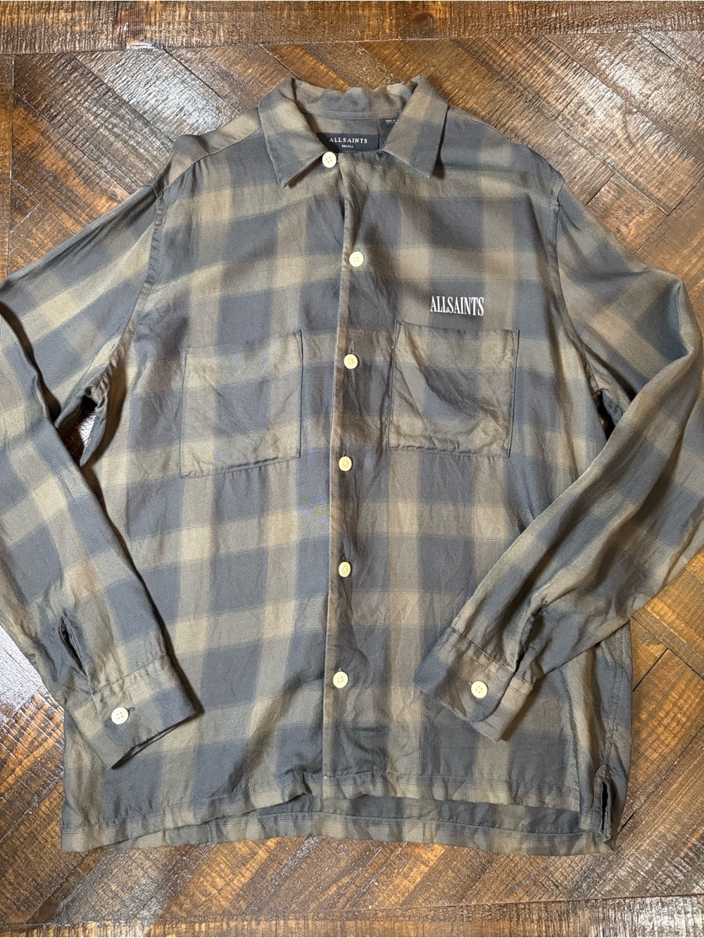 AllSaints Men’s Small Erieville Plaid Lyocell Relaxed Fit Button Shirt